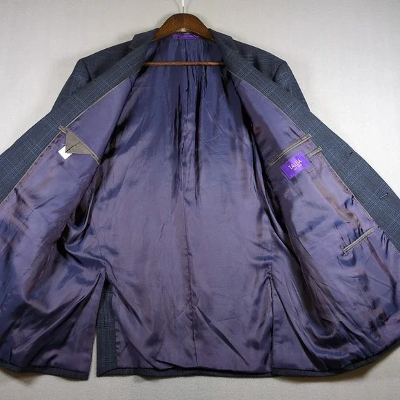 Tallia Mens 46R Wool Blazer Blue Windowpane Plaid Sport Coat Single Breasted - Picture 2 of 8